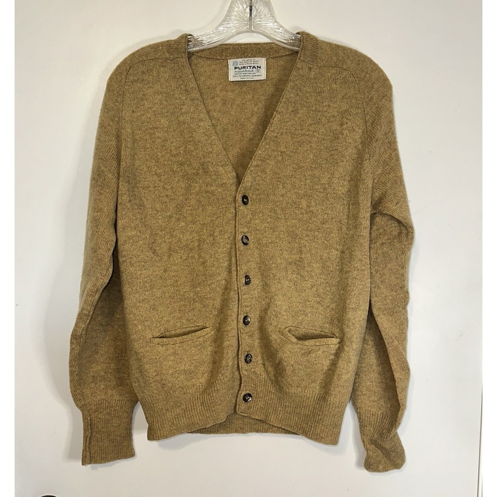 Puritan Cardigan Sweater Tan Sz S Aquamatic Virgin Wool Preppy Mr Rogers Vintage